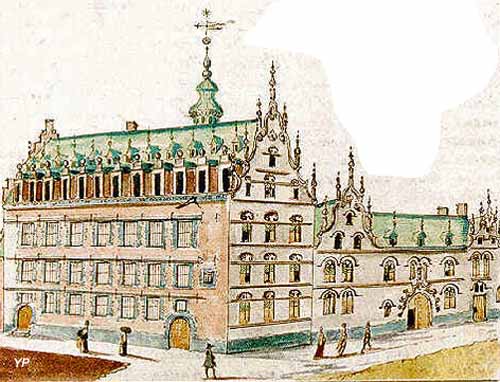 Le Mont de Piété et l'Hôtel de Carondelet en 1650, extrait de l'Histoire Ecclésiastique et religieuse de la Ville de Valenciennes (manuscrit de Simon Leboucq)