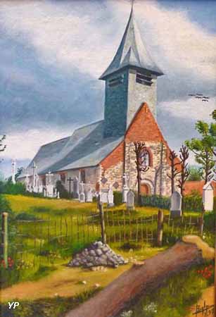 Église Mérignies, huile sur toile d'après une photo d'Augustin Boutique (Musée de Douai)