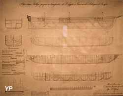 Plan d'une all&egrave;ge propre &agrave; transporter de l'Egypte &agrave; Paris l'un des ob&eacute;lisques de Louqsor (lithographie, baron Rolland, inspecteur g&eacute;n&eacute;ral du G&eacute;nie maritime, 1830) - Mus&eacute;e national de la Marine