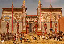 L'entr&eacute;e du temple de Louxor sous Rams&egrave;s II (Les voyages d'Alix - L'Egypte tome I, Rafa&euml;l Moral&egrave;s, Jacques Martin) - &eacute;ditions Casterman