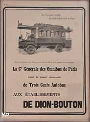Publicité De Dion Bouton - vente de 300 omnibus à la Compagnie Générale des Omnibus de Paris