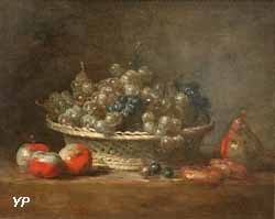 Corbeille de raisins, avec trois pommes d'api, une poire et deux galettes (Jean Siméon Chardin)
