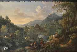 Paysage avec trois figures, un lac et un château (Jan Frans van Bloemen dit l'Orizzonte)