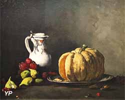 Nature morte à la citrouille et aux prunes, cerises et figues avec pot (Théodule Ribot)