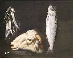 Nature morte avec tête de bélier et poissons suspendus