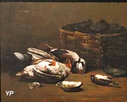Nature morte avec oiseaux morts et un panier d'huîtres - huîtres et perdix (Germain-Théodore Ribot)